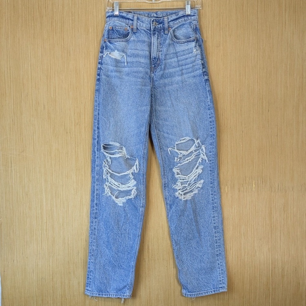 American Eagle Highest Rise Baggy Straight Distressed Grunge Jeans 0 Light‎ Wash